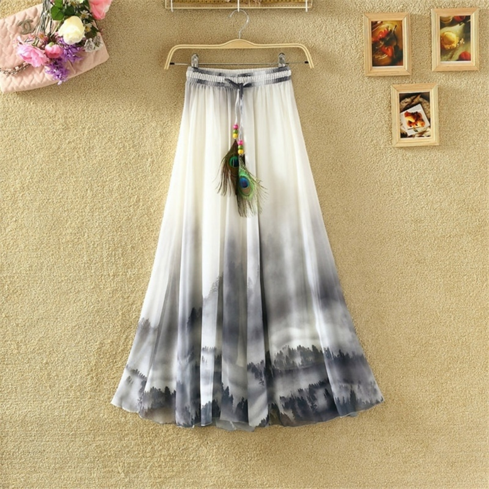 Bohemian Chiffon Organic Print Drawstring Maxi Skirt